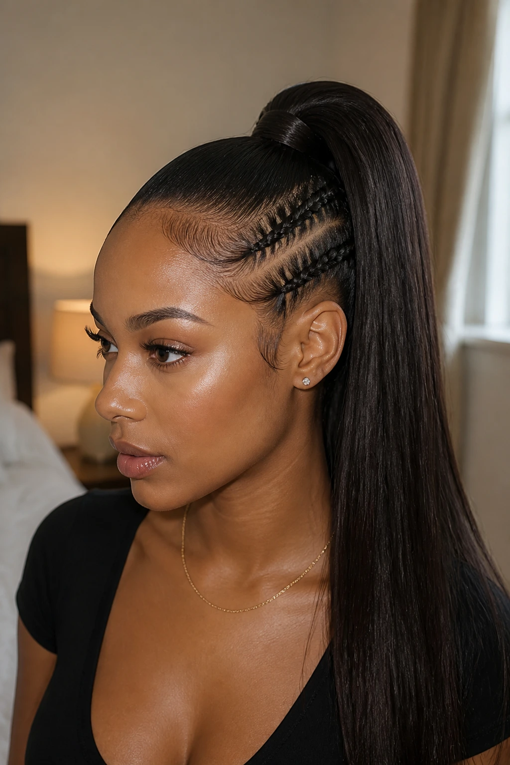 Close-up portrait of a real woman with side cornrows and a sleek high ponytail in warm window light