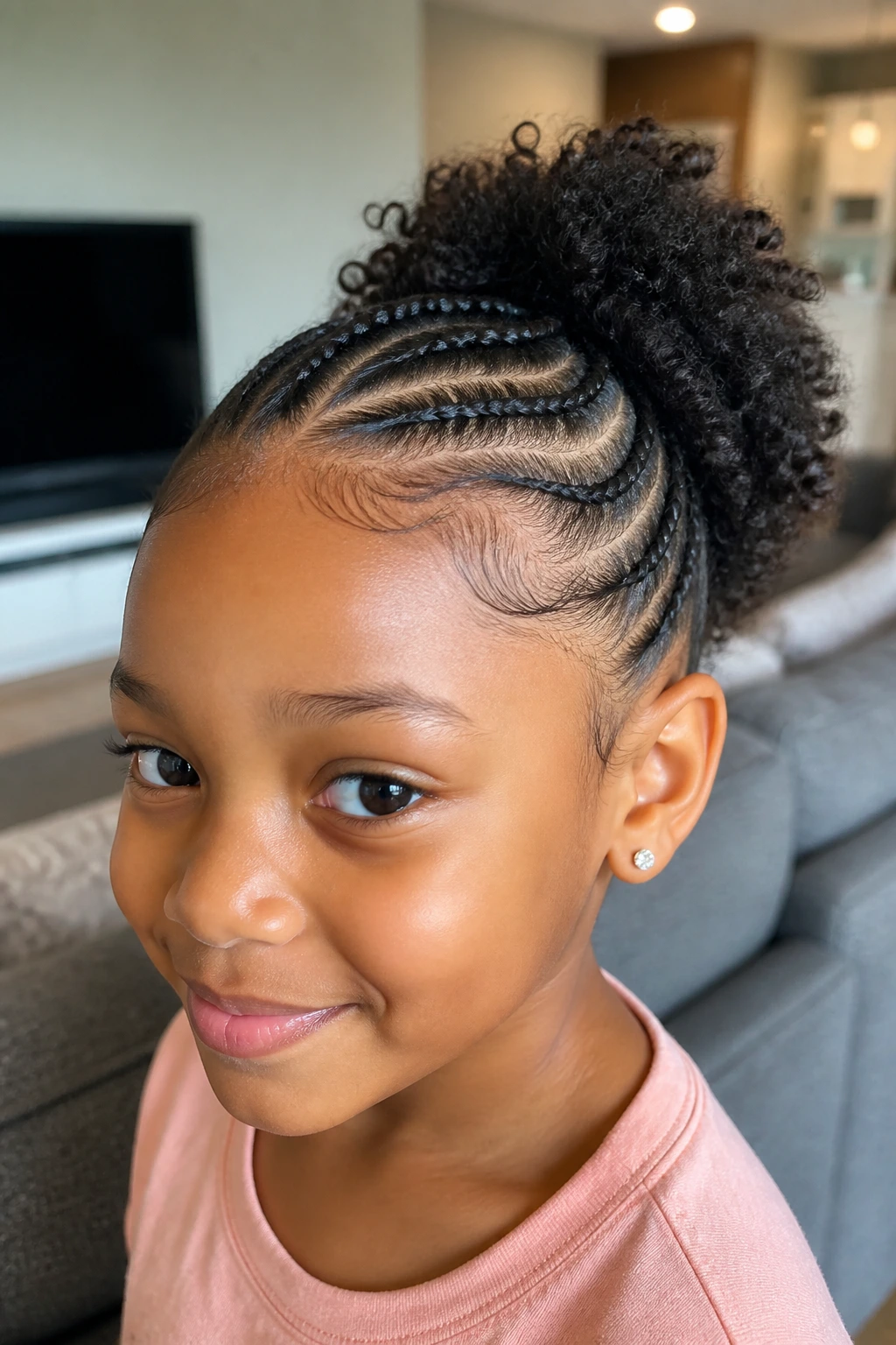 Close-up of a child with a side cornrow leading into a puff