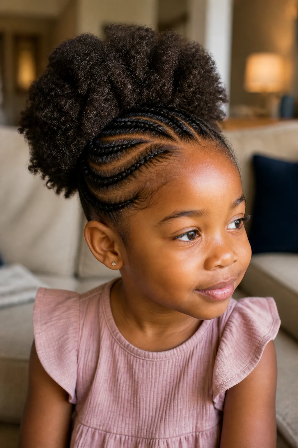 Three-quarter view of a real child with side cornrow and puff.
