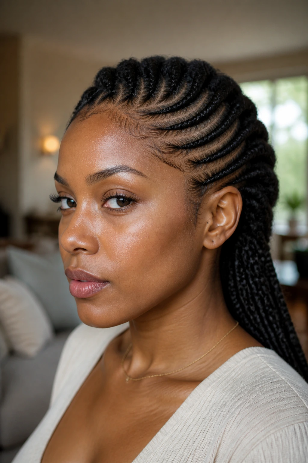 Close-up of a woman with side cornrow braids sweeping from temple to nape in natural light