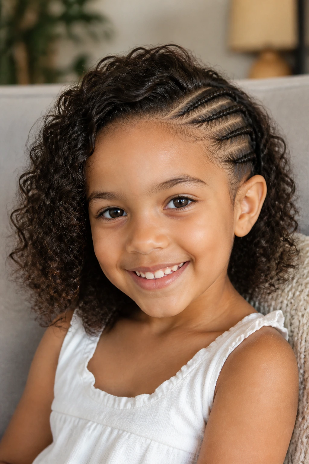 Child with side cornrows and loose curls in a cozy home setting