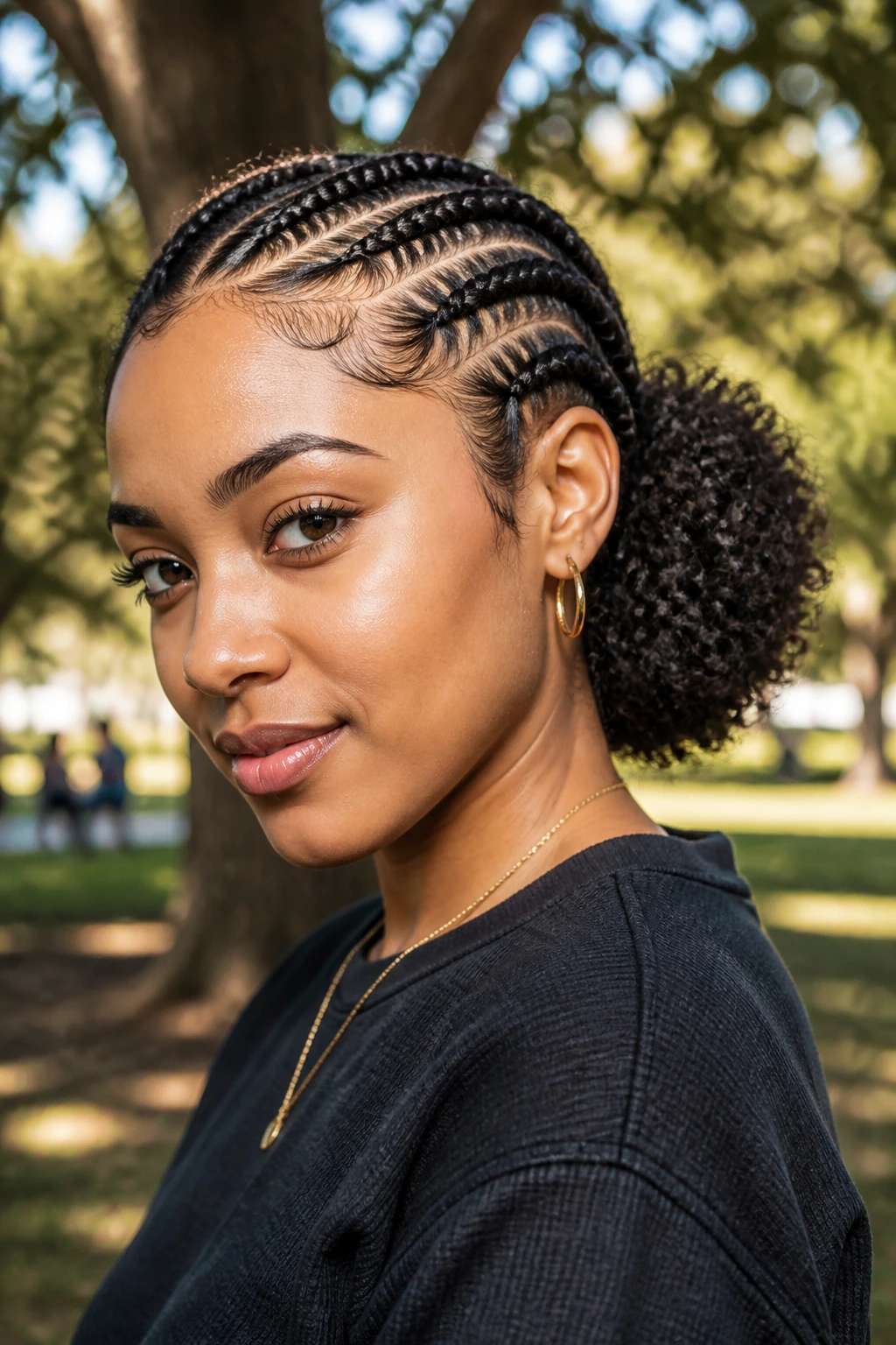 Close-up portrait showing side cornrows leading into a fluffy puff