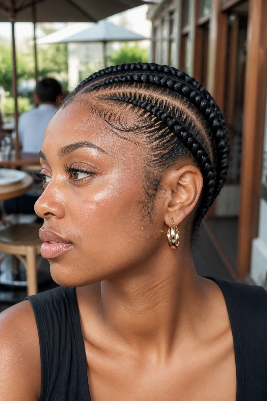 Profile portrait of a real woman with a side crown cornrow framing the face
