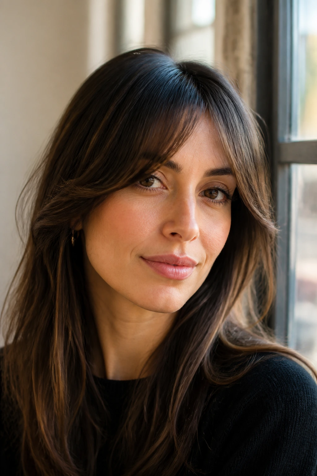 Portrait of a woman with soft side curtain bangs