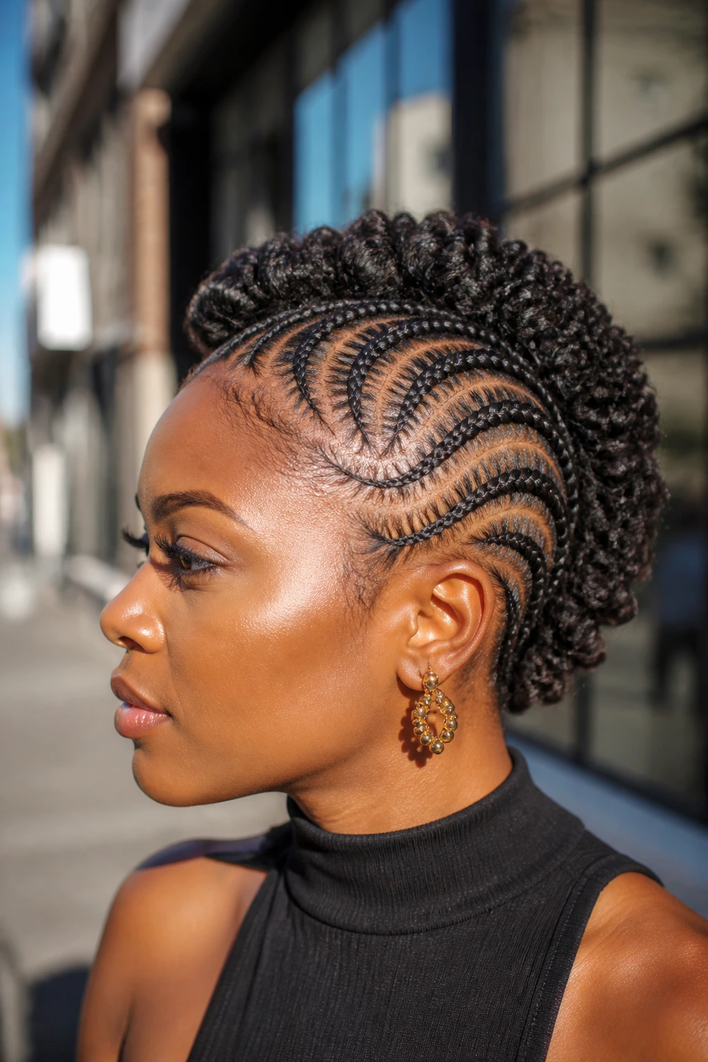 Close-up portrait of a person with side-curved braids sweeping around the head into a mohawk
