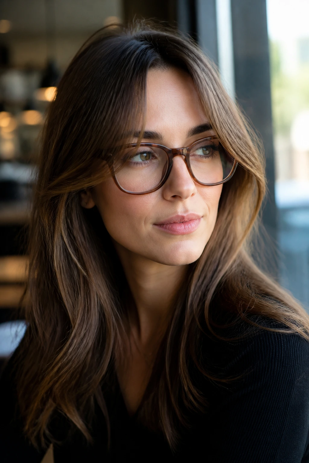 Close-up of a real woman wearing glasses with side-drifting bangs near a window