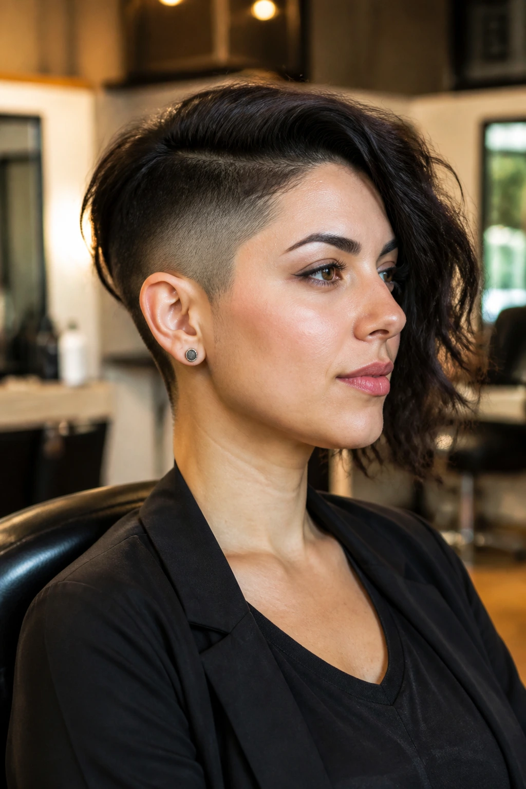 Close-up portrait of a woman with a side fade hairstyle in a salon, showing fade silhouette and longer top