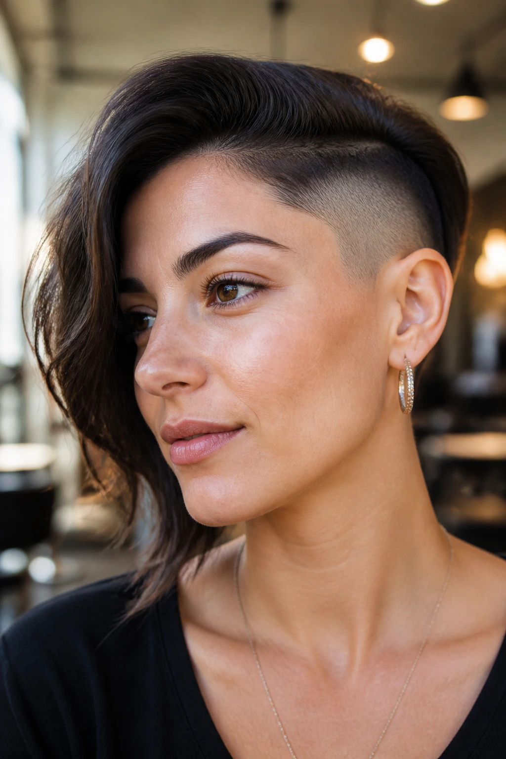 Close-up portrait of a woman with a side fade haircut showing temple fade and longer crown