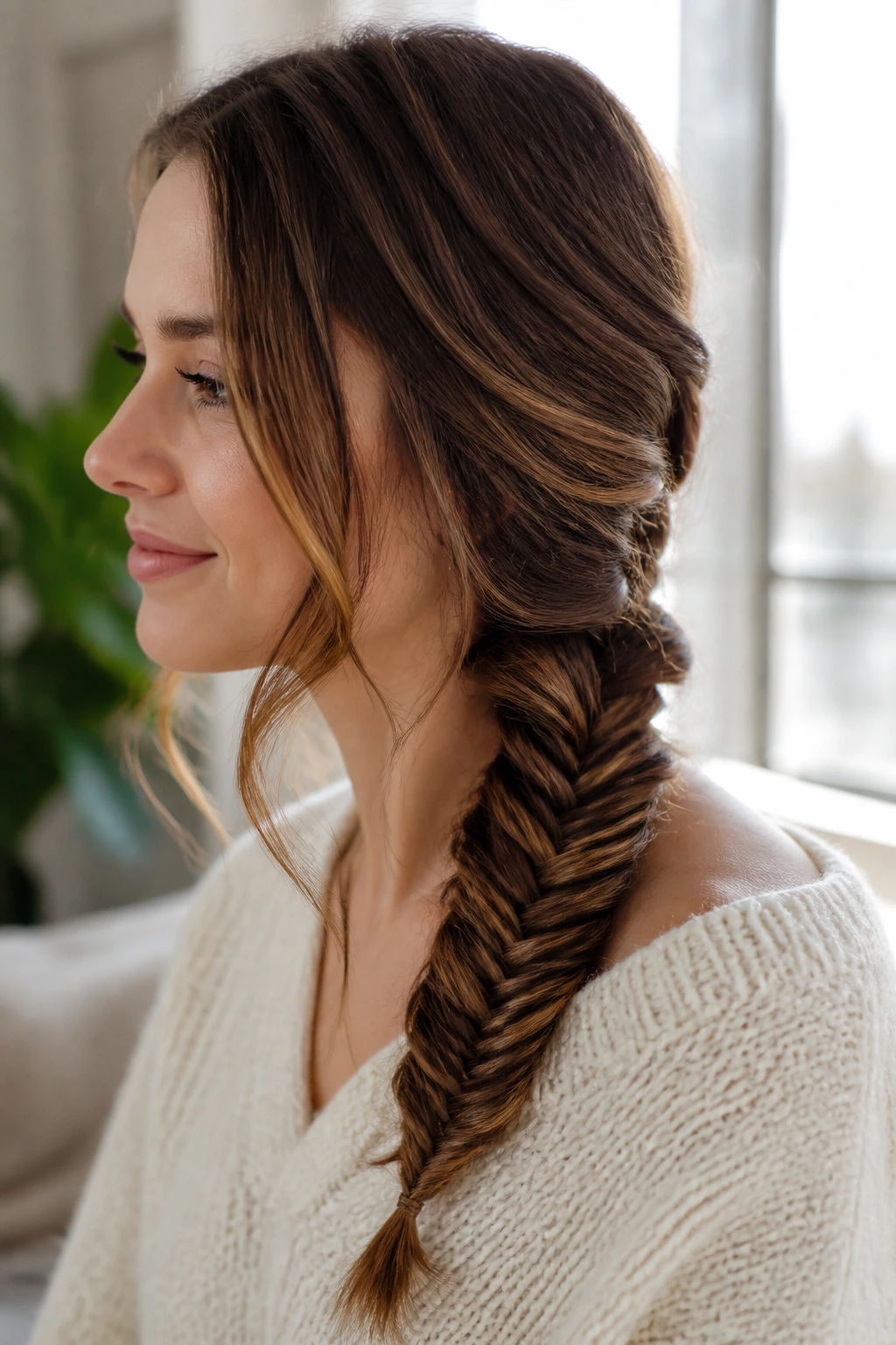 Profile view of a real person with side fishtail braid and face-framing pieces