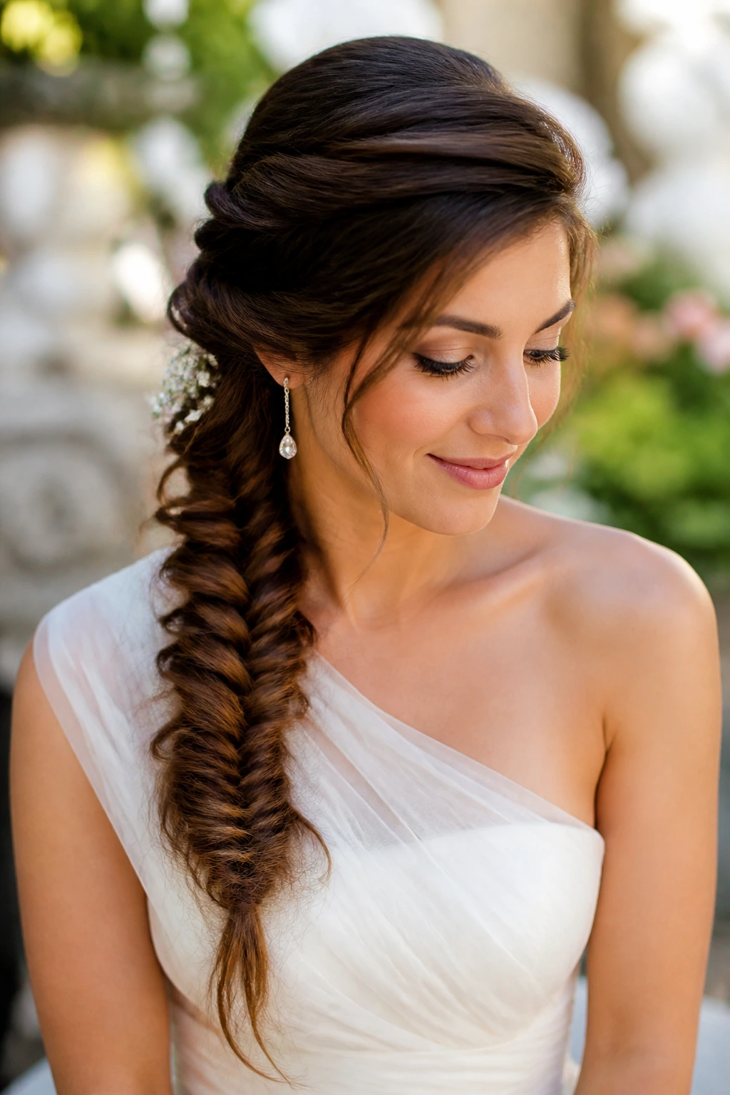 Close-up of bride with side-swept fishtail braid