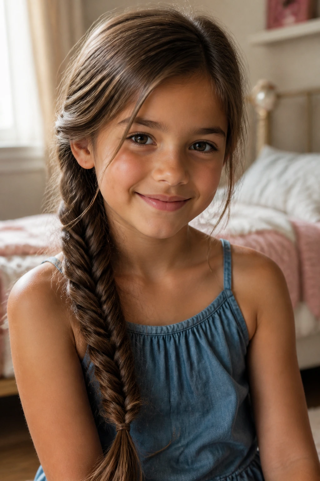 Close-up of a real brunette girl with a delicate side fishtail braid over one shoulder in a softly lit bedroom