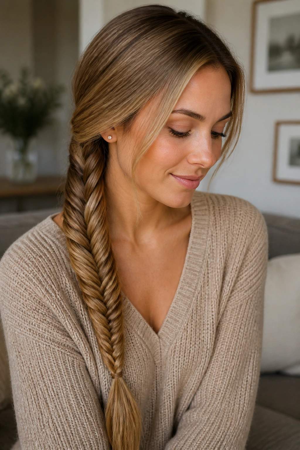 Portrait of a woman with a side fishtail sweep braid over the shoulder