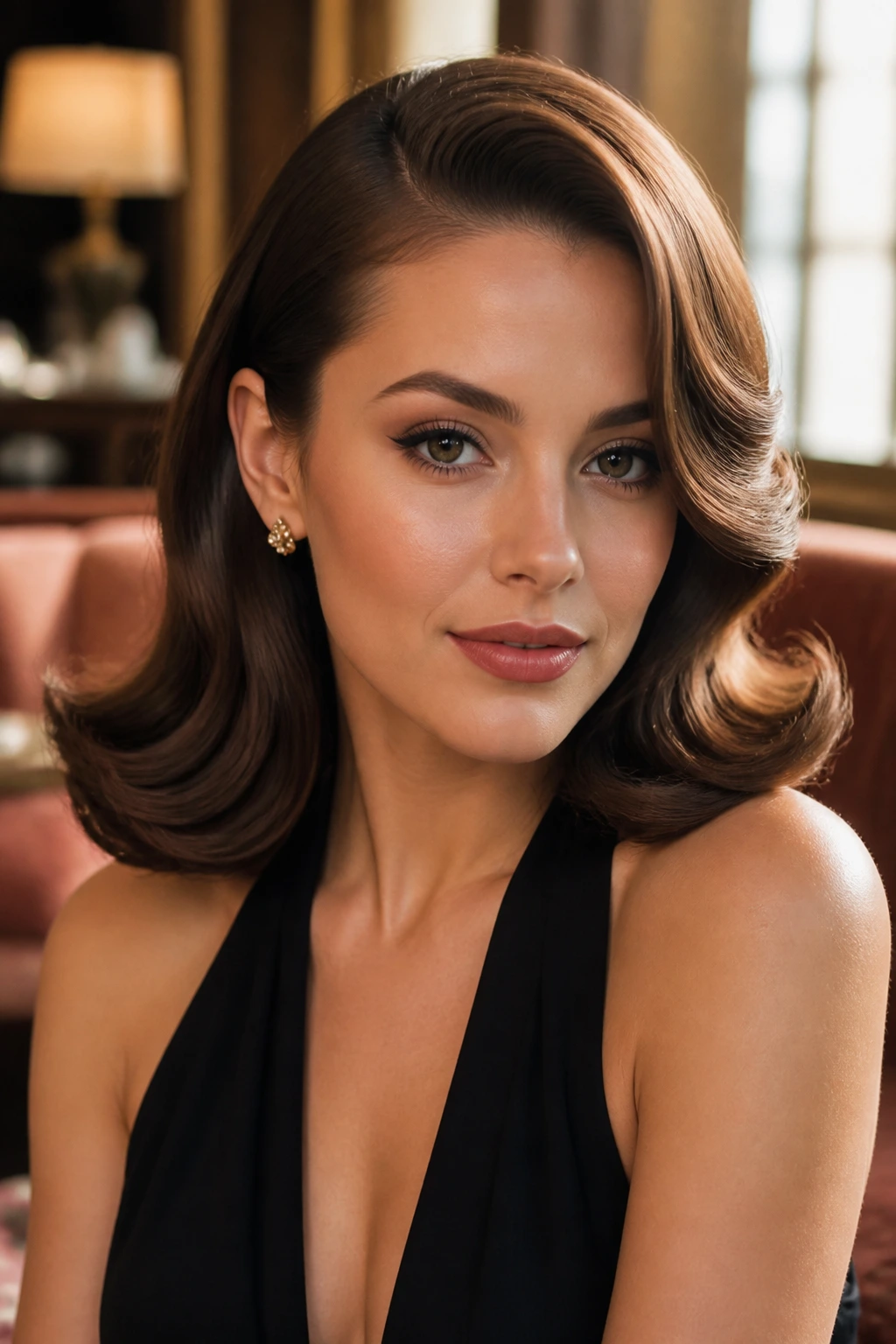 Close-up portrait of a woman with side-flip waves and a polished front.