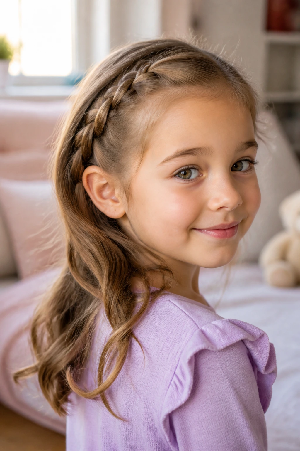 Close-up of a young girl with a side French braid in a cozy bedroom.