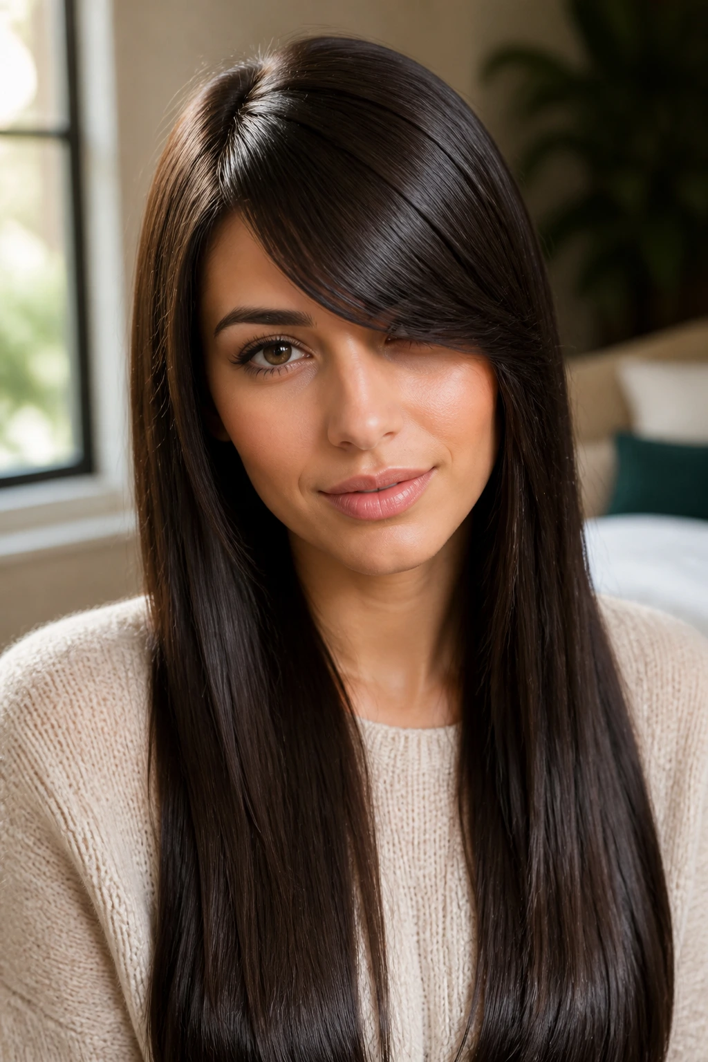 Close-up portrait of a real person with a side fringe and satin finish hair