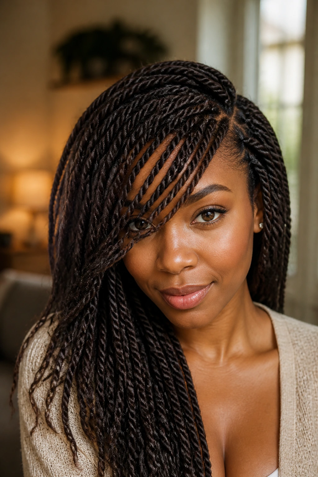 Close-up of twists with a soft side fringe on a real person