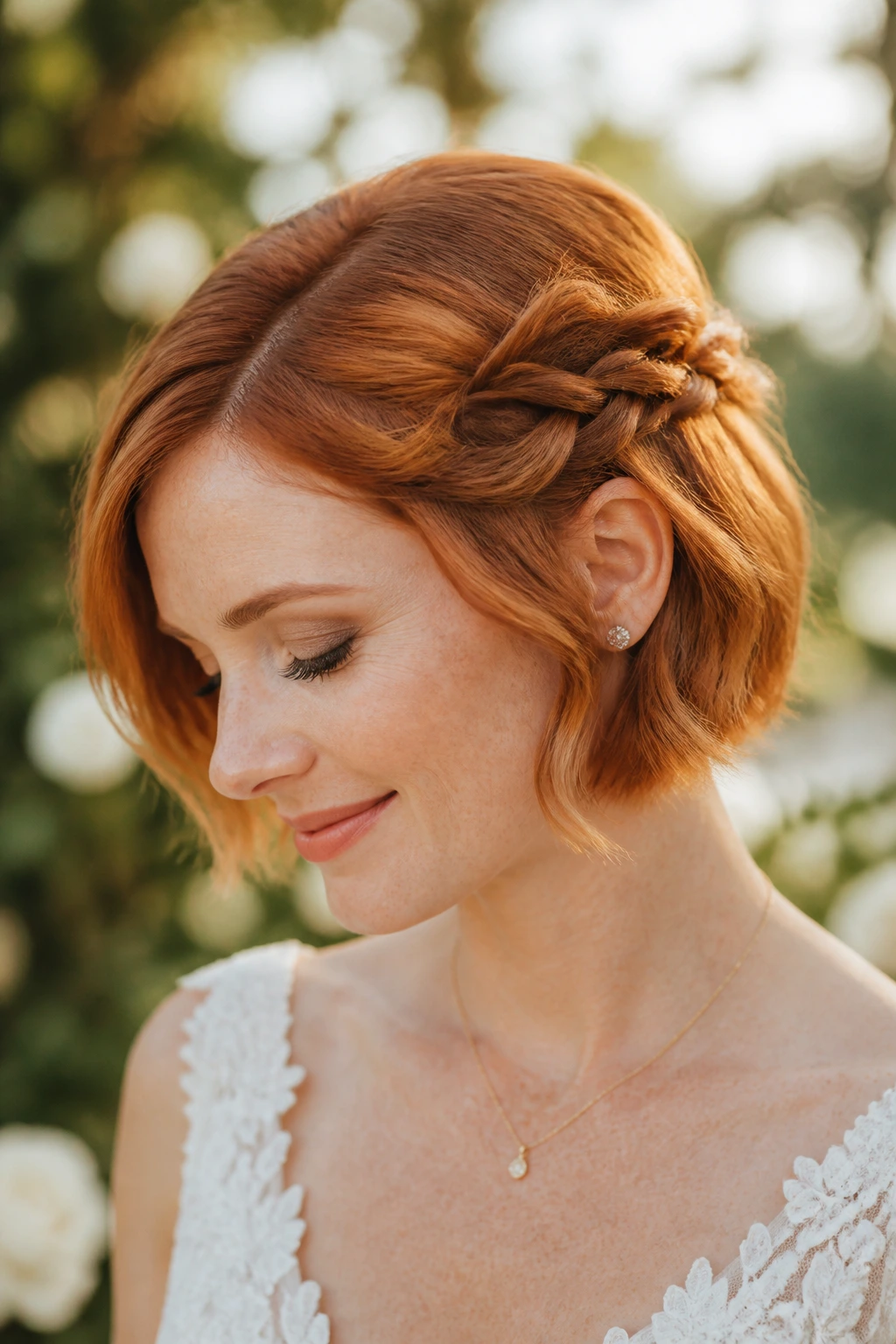 Bride with side halo twist on a short red bob
