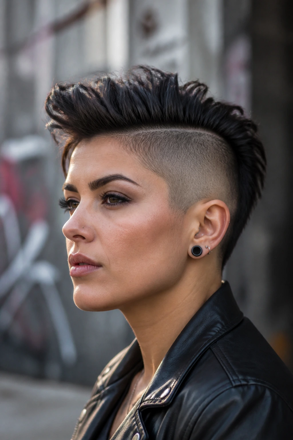 Close-up of a woman with a side hawk fade hairstyle