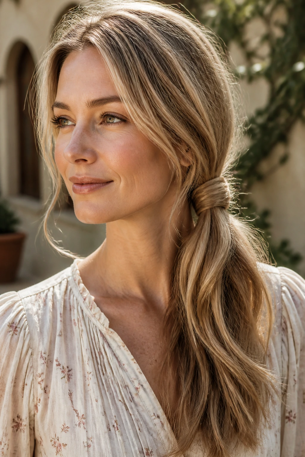 Close-up of a side knot ponytail behind the ear on a real woman.