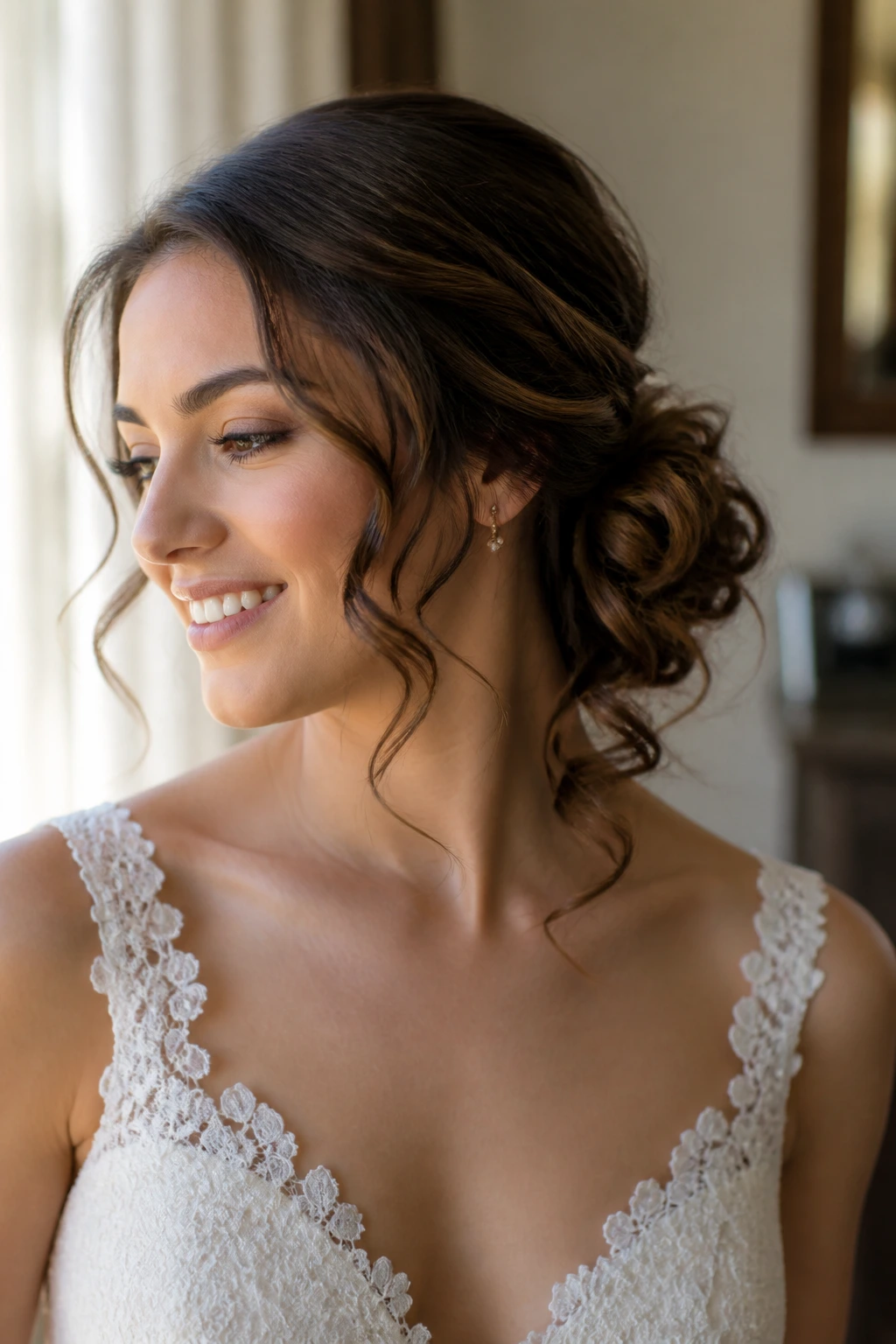 Real bride with side knot and defined spiral ends