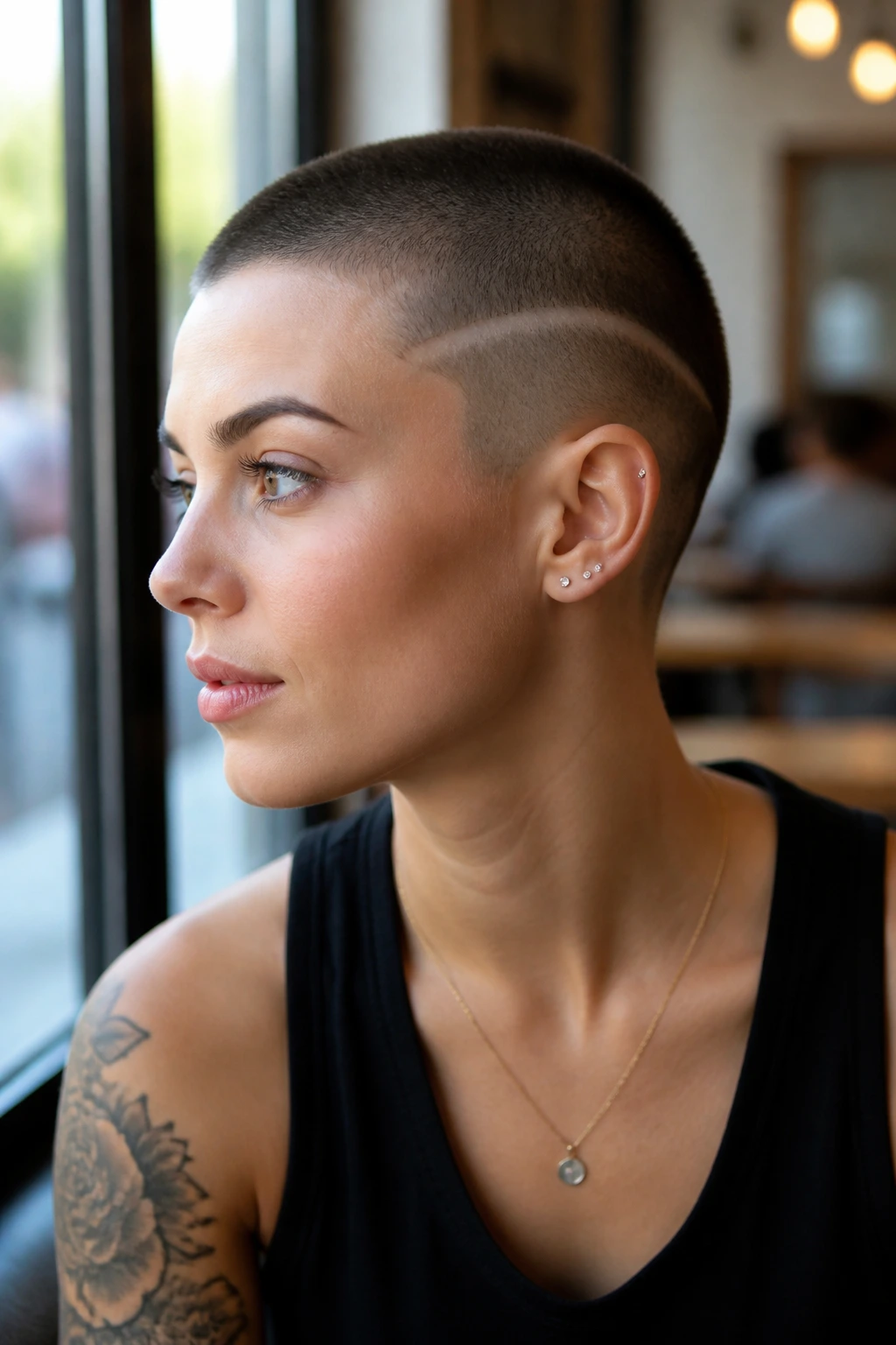 Close-up portrait of a real person with a side line art buzz cut in window-lit cafe setting