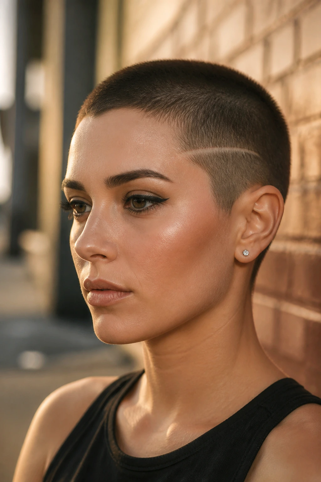 Close-up of a real woman with a side-line buzz featuring a thin temple line