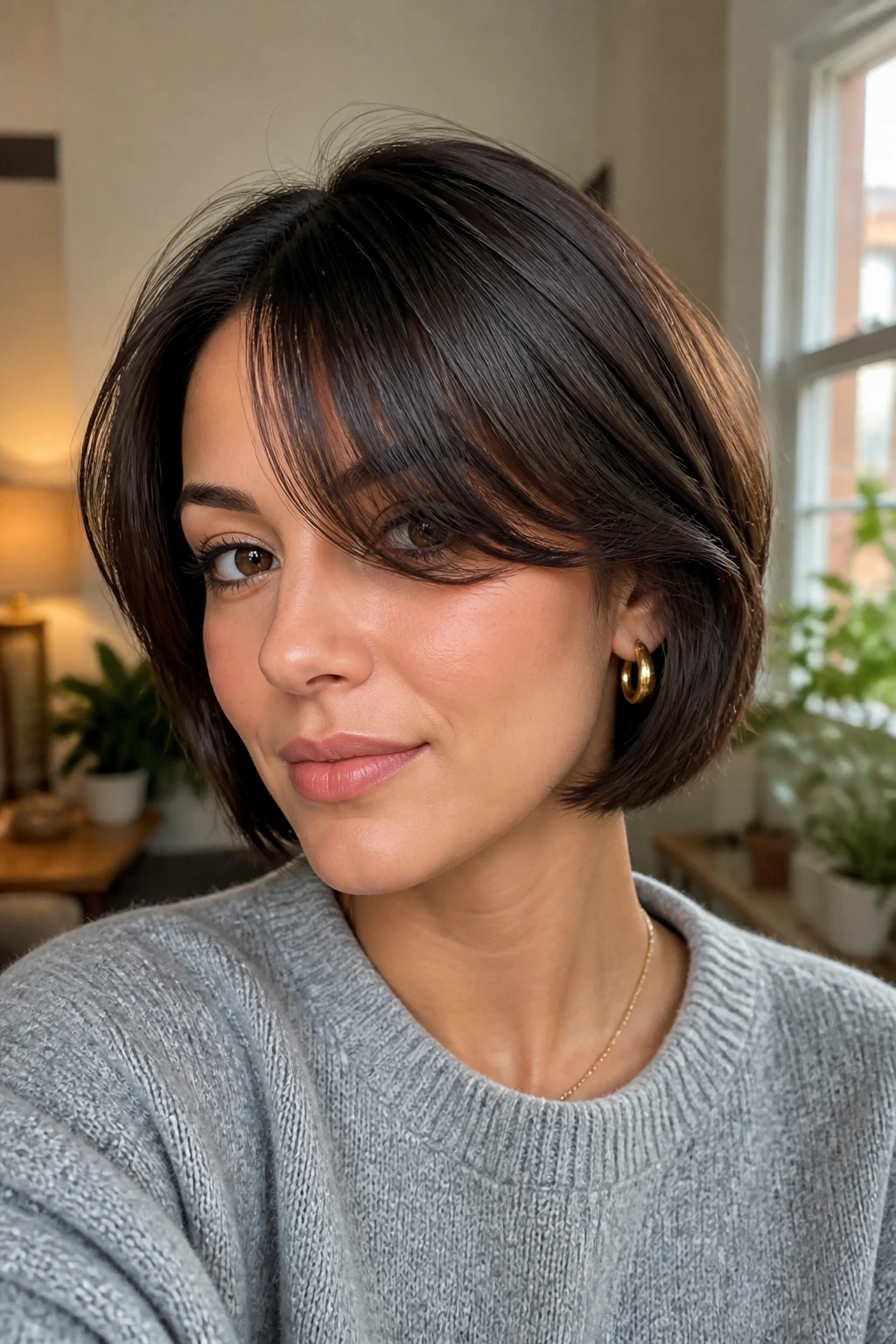Close-up portrait of a real woman with side-opening curtain hairstyle