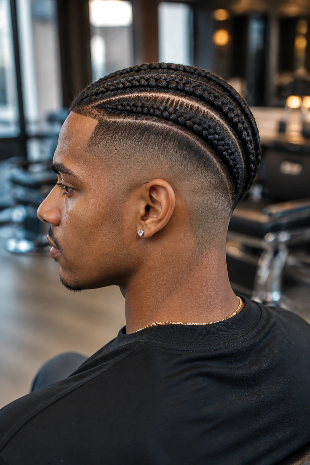 Close-up portrait of side-panel braids with a crisp nape fade on a real person in a modern salon