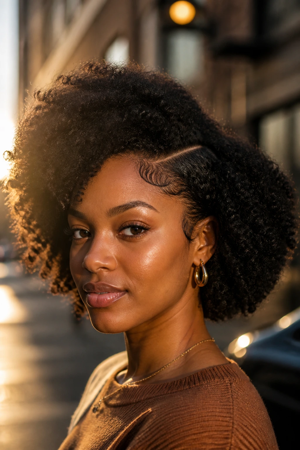 Real woman with side-part afro and shaped edges in warm light.