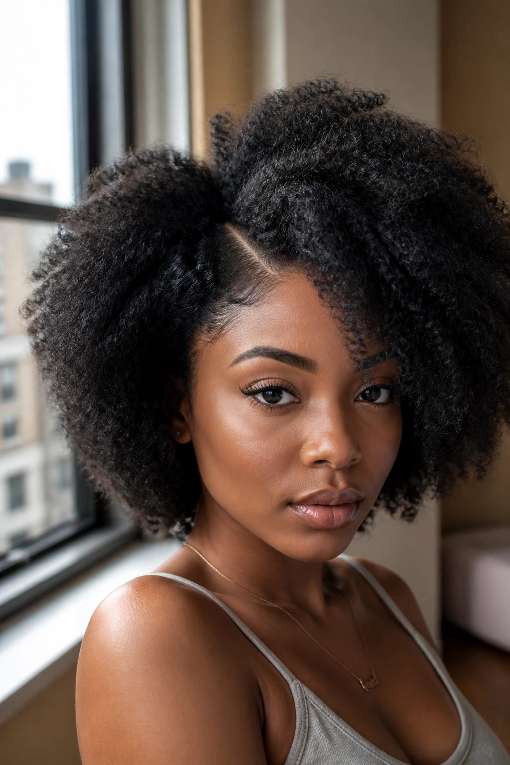 Close-up of a real woman with a side-part afro and lifted roots