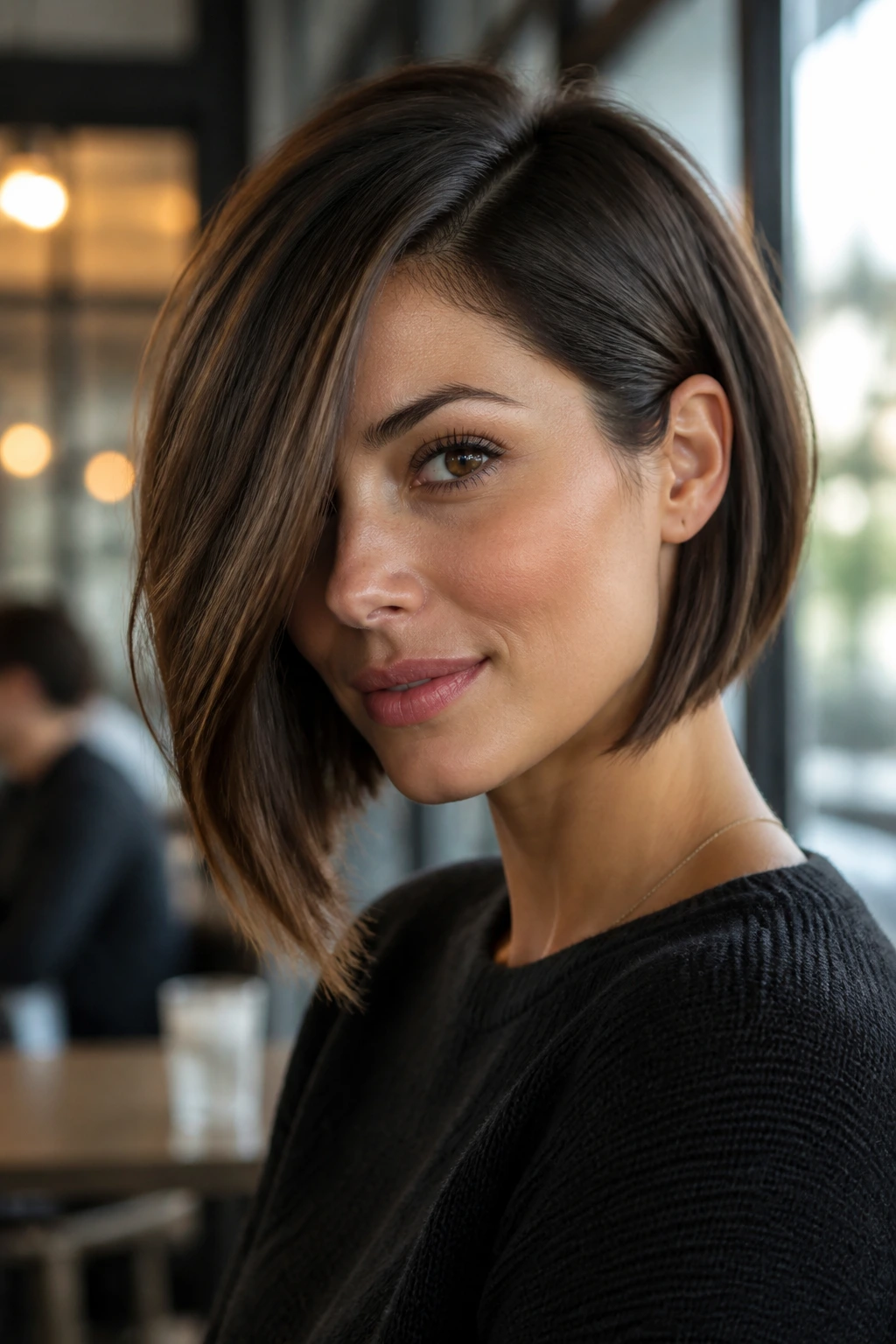 Close-up of a real woman with a deep side-part angled bob in a cafe