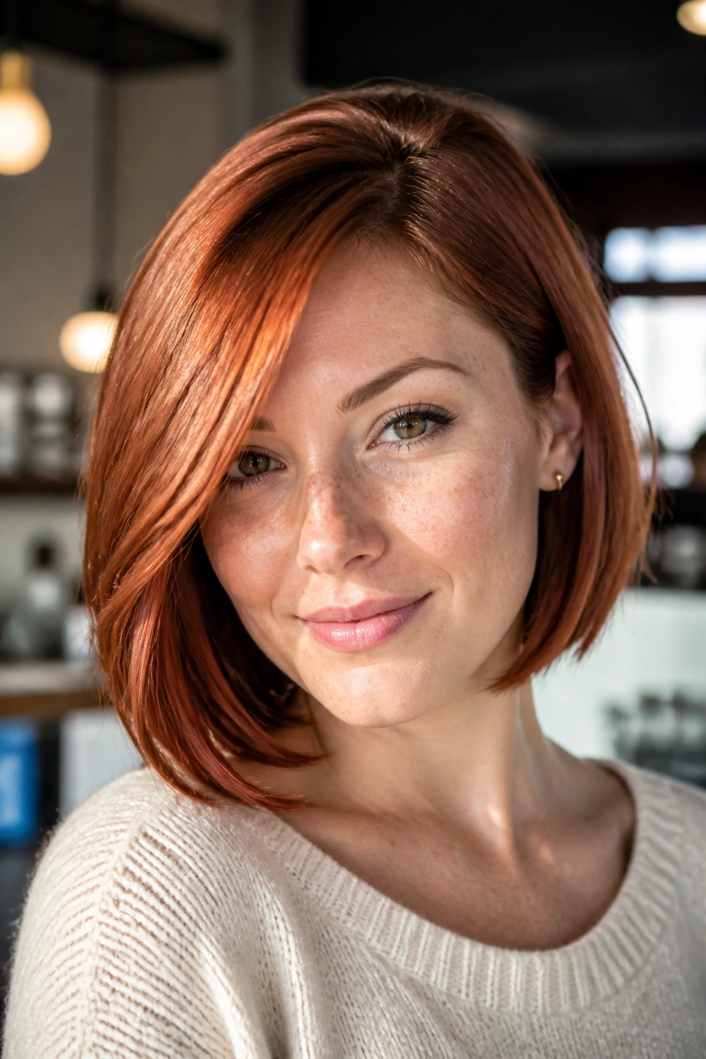 Close-up portrait of a real woman with side-part auburn copper bob in a cafe setting.