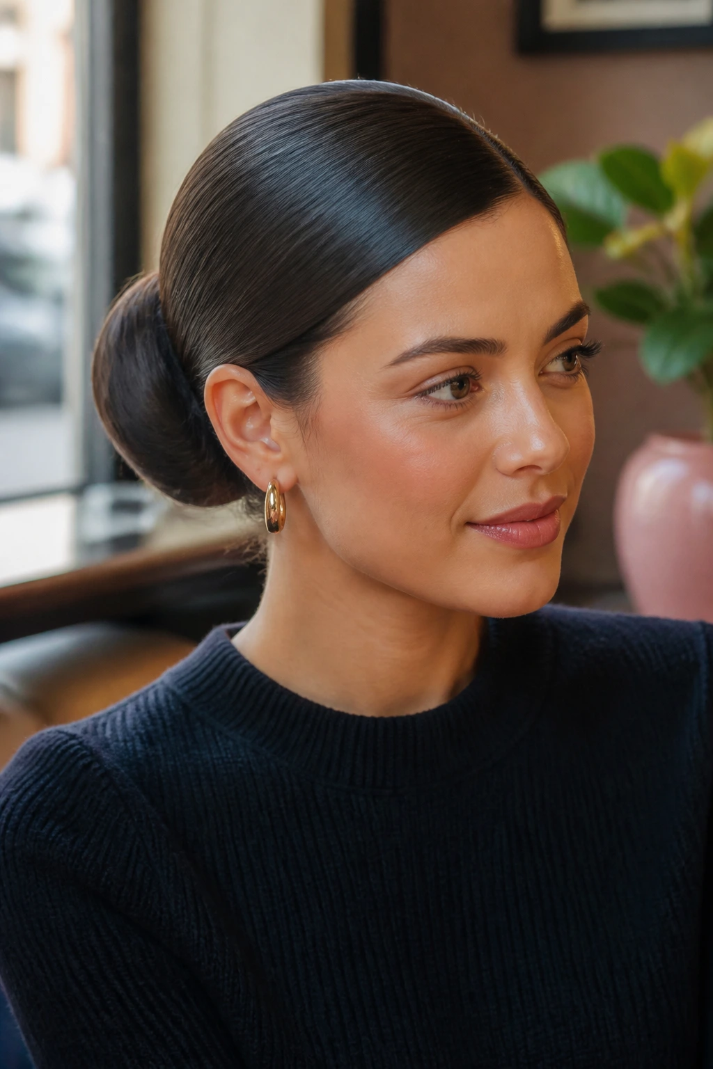 Close-up of a real person with a sleek side-part ballerina bun and gentle shine.