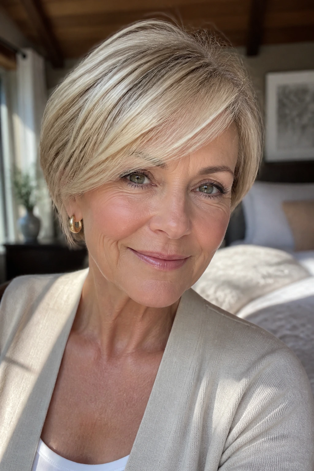 Close-up portrait of a real woman with side-part sweep bangs across the forehead in warm window light