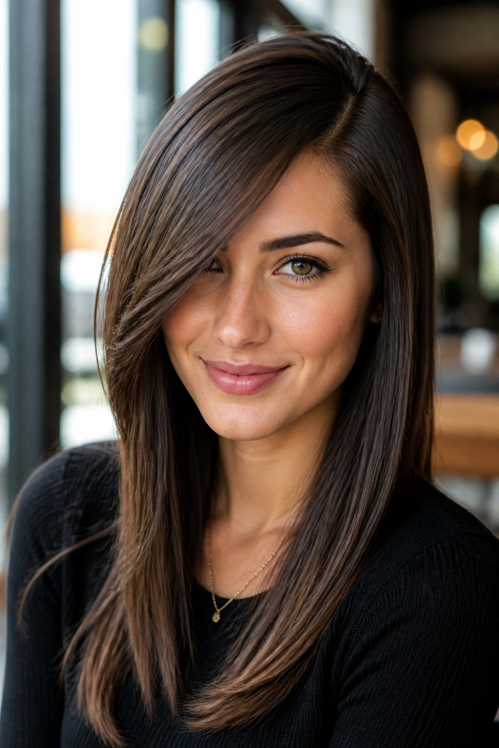 Close-up portrait of a woman with a sleek side-part and long side bangs