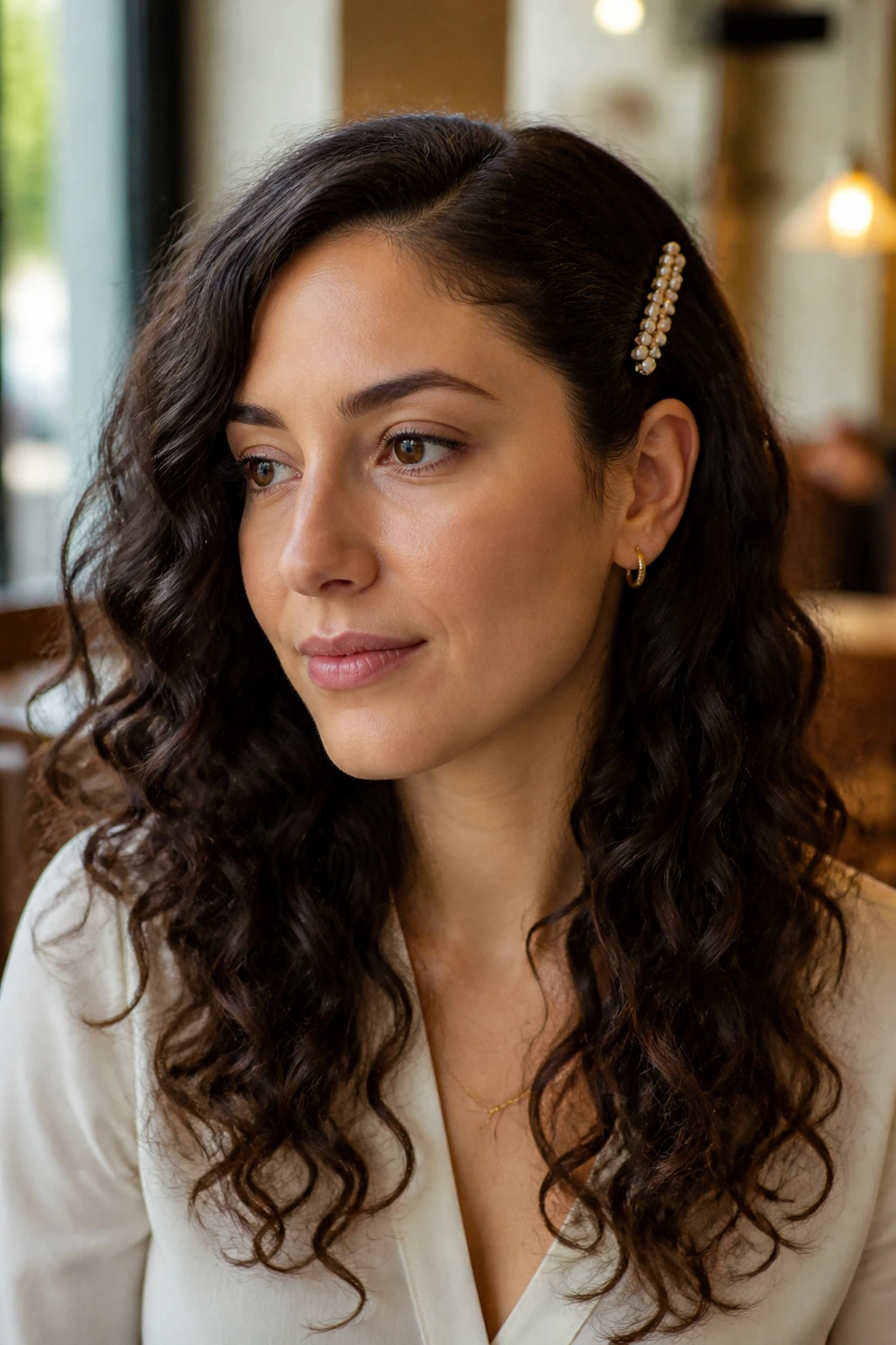 Side part with barrette sweep on a real woman in a cafe-like workspace
