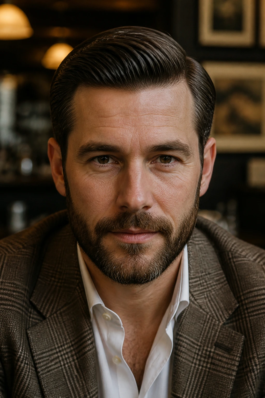 Portrait of a man with side-part hairstyle and beard in a blazer