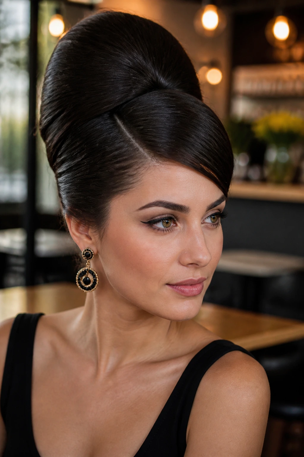 Close-up portrait of a real woman with a deep side-part beehive