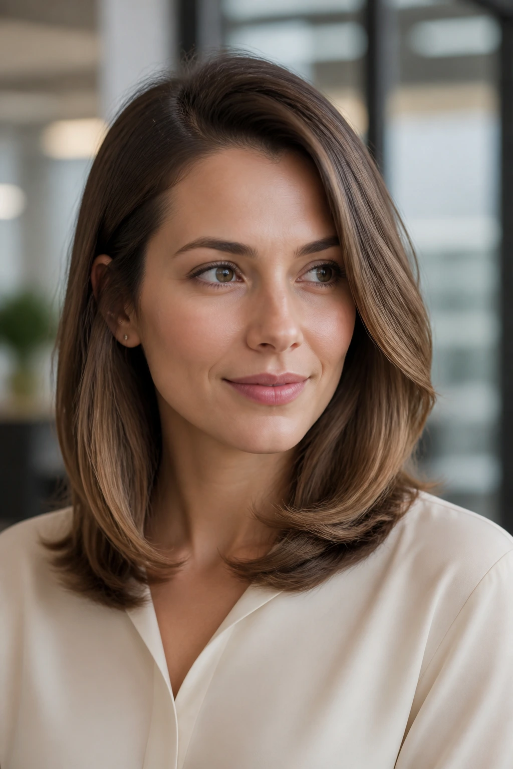Portrait of a woman with a soft side-part blowout and bent ends.