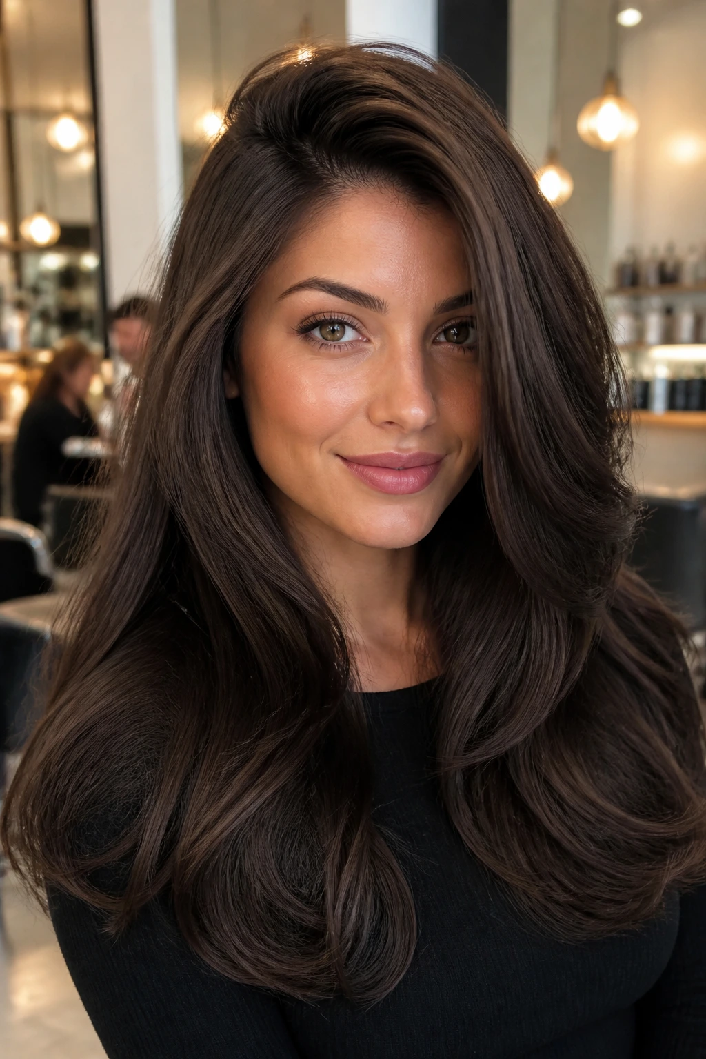 Real woman with a deep side part and long blowout layers in a chic salon