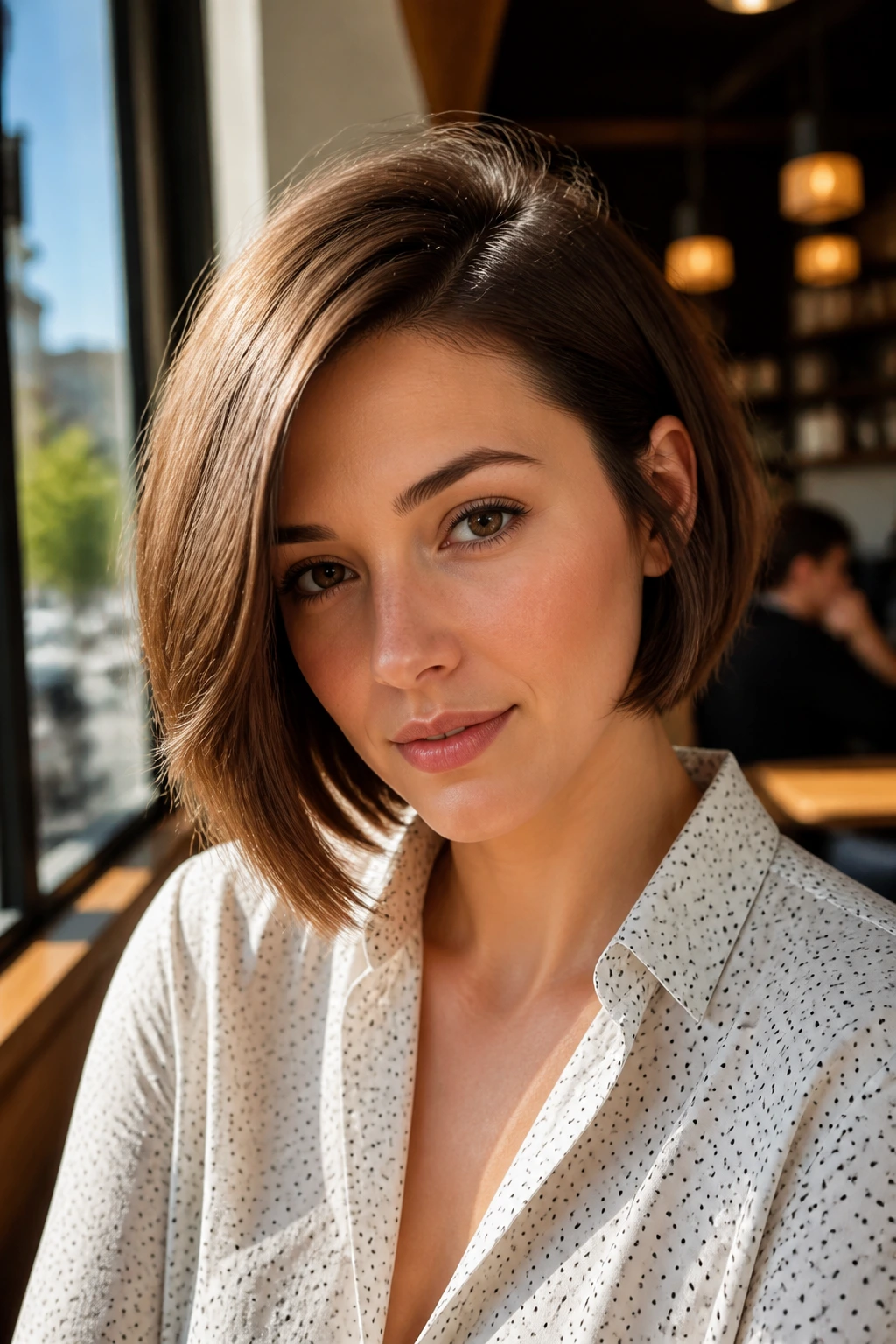 Close-up portrait of a real woman with a deep side-part blunt bob