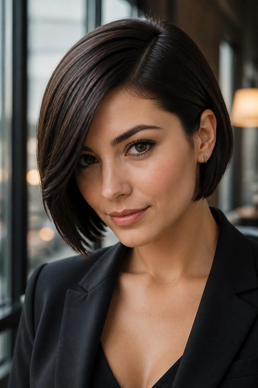 Real woman with side-part sleek bob and asymmetry