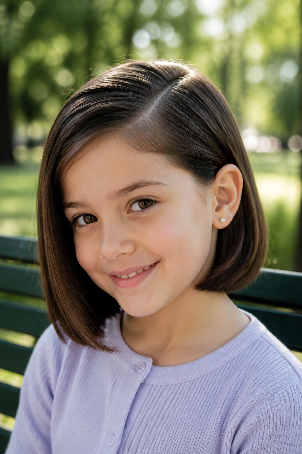 Close-up of a real child with a side-part bob on a park bench