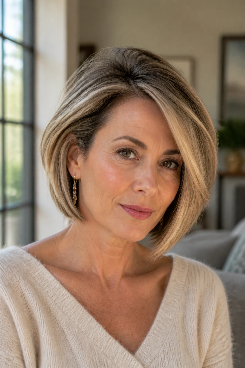 Close-up of a real woman with a side-part bob and crown volume.