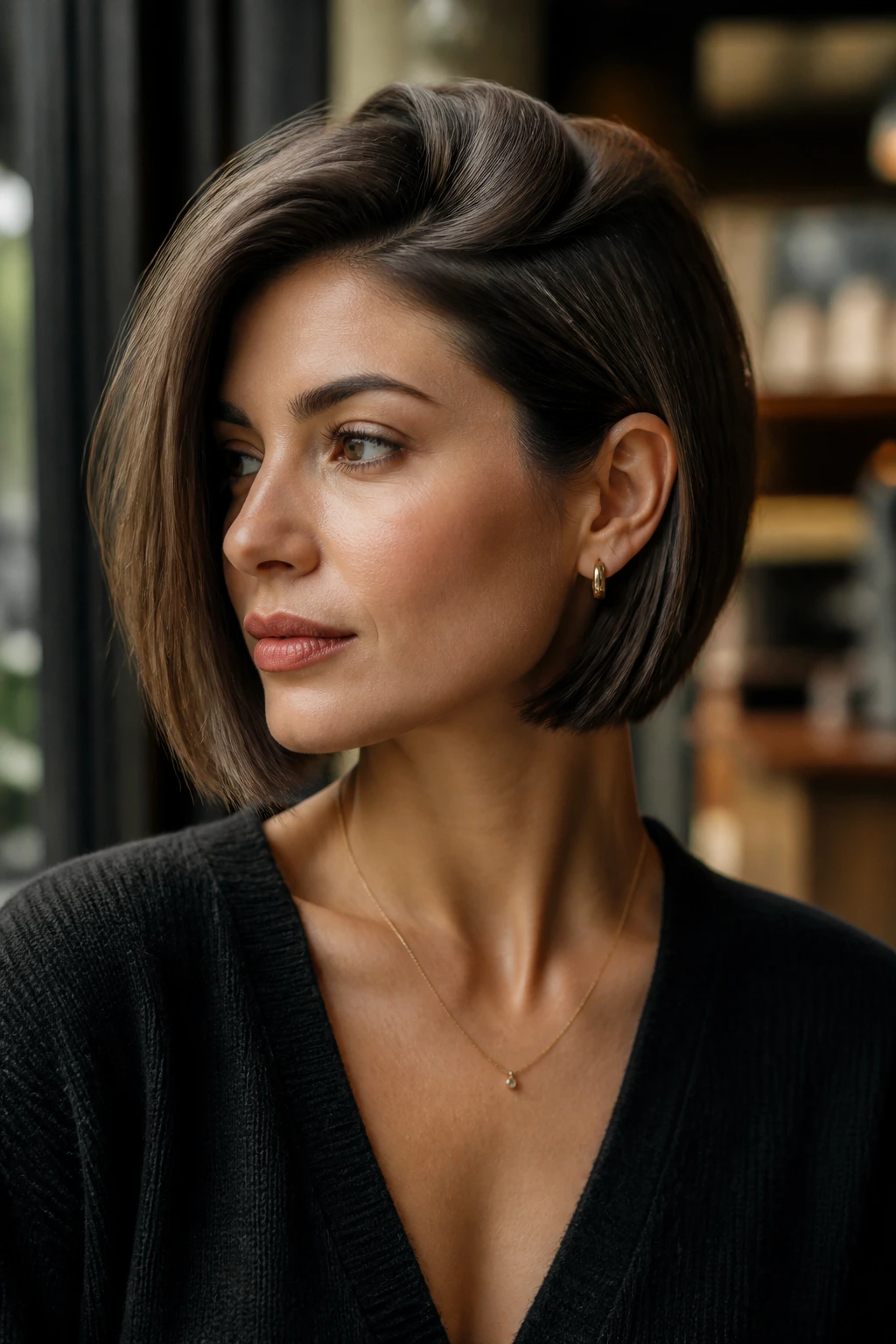 Close-up of a real woman with a side-part bob and crown volume