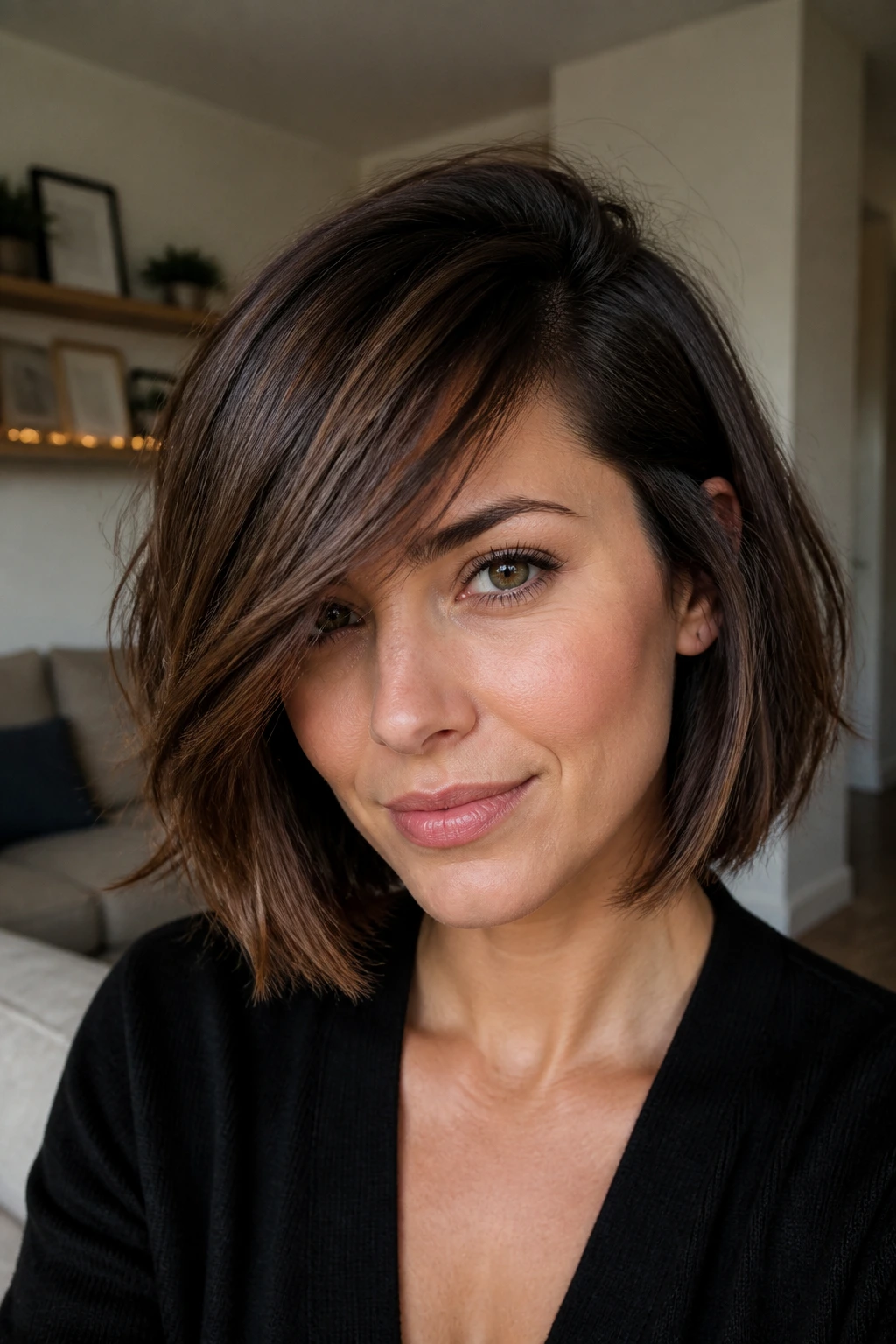 Real woman with deep side-part bob and diagonal fringe, soft indoor light.