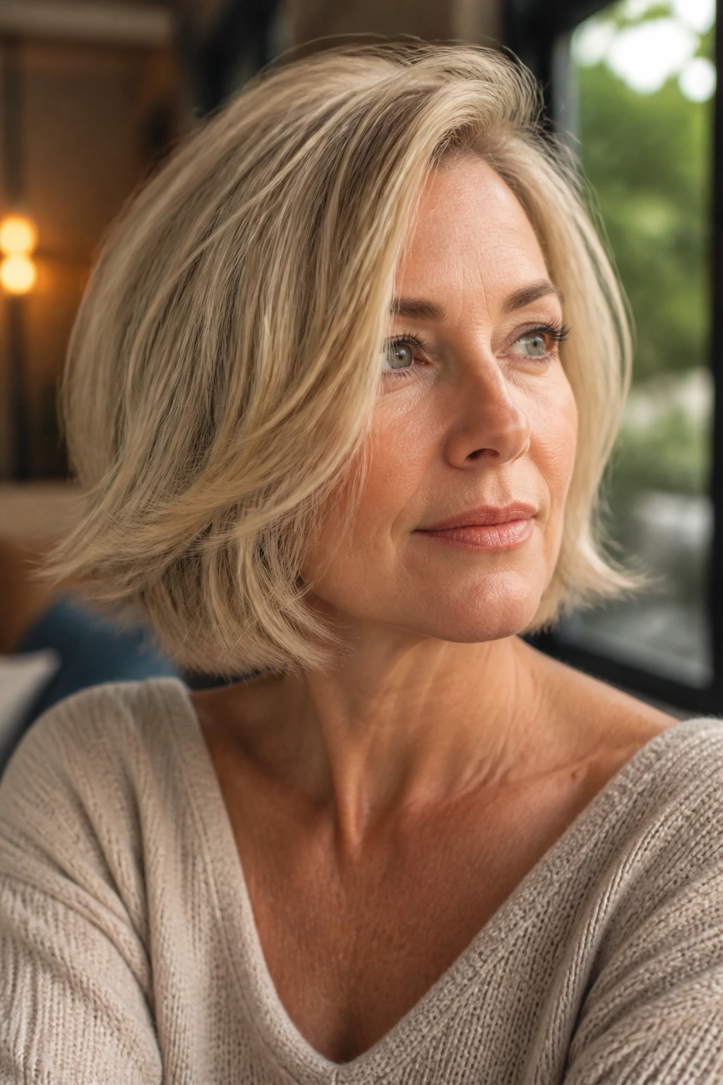 Woman with side-part bob and feathered ends in a cozy setting.