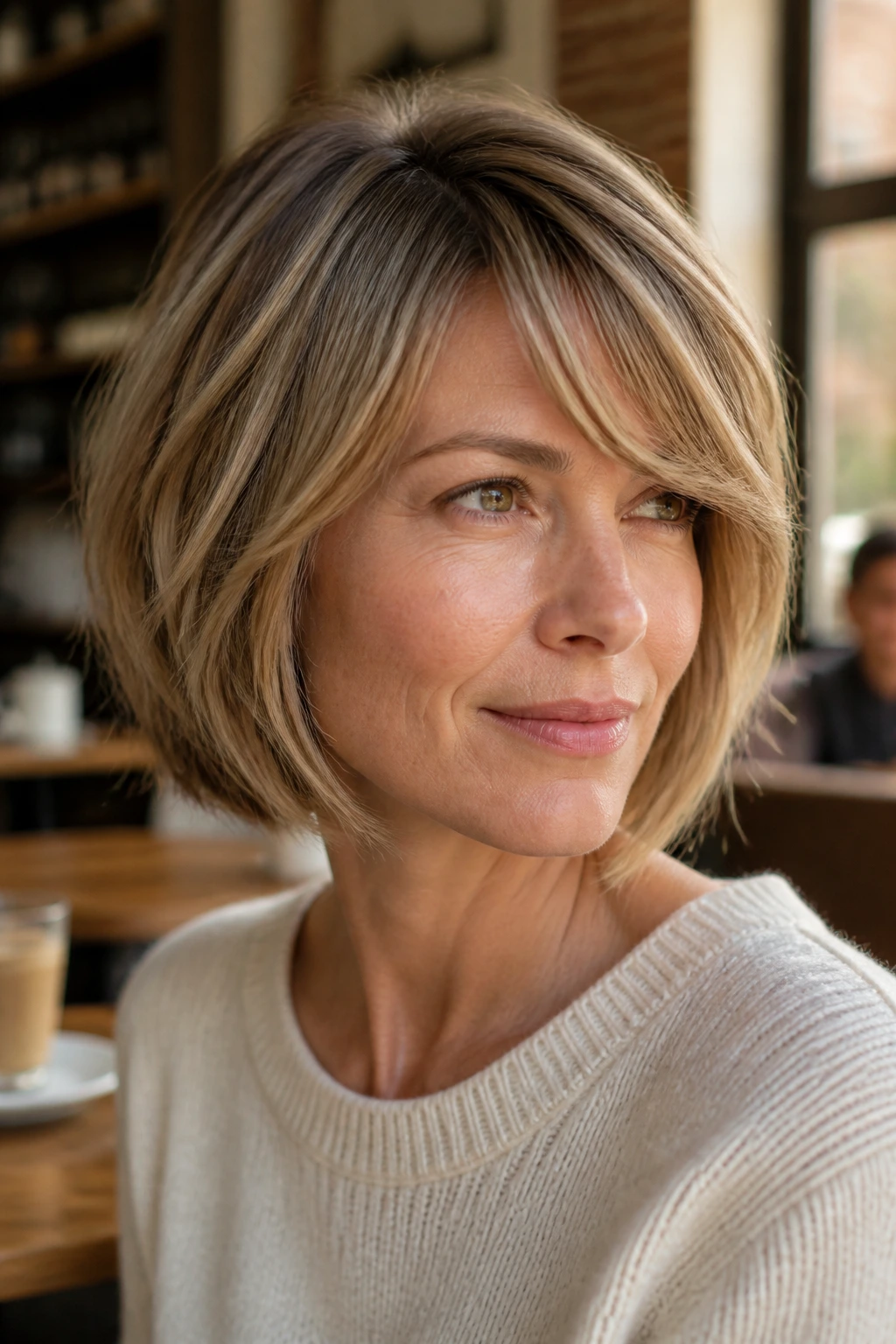 Real woman with side-part bob and feathered fringe in a cozy coffee shop