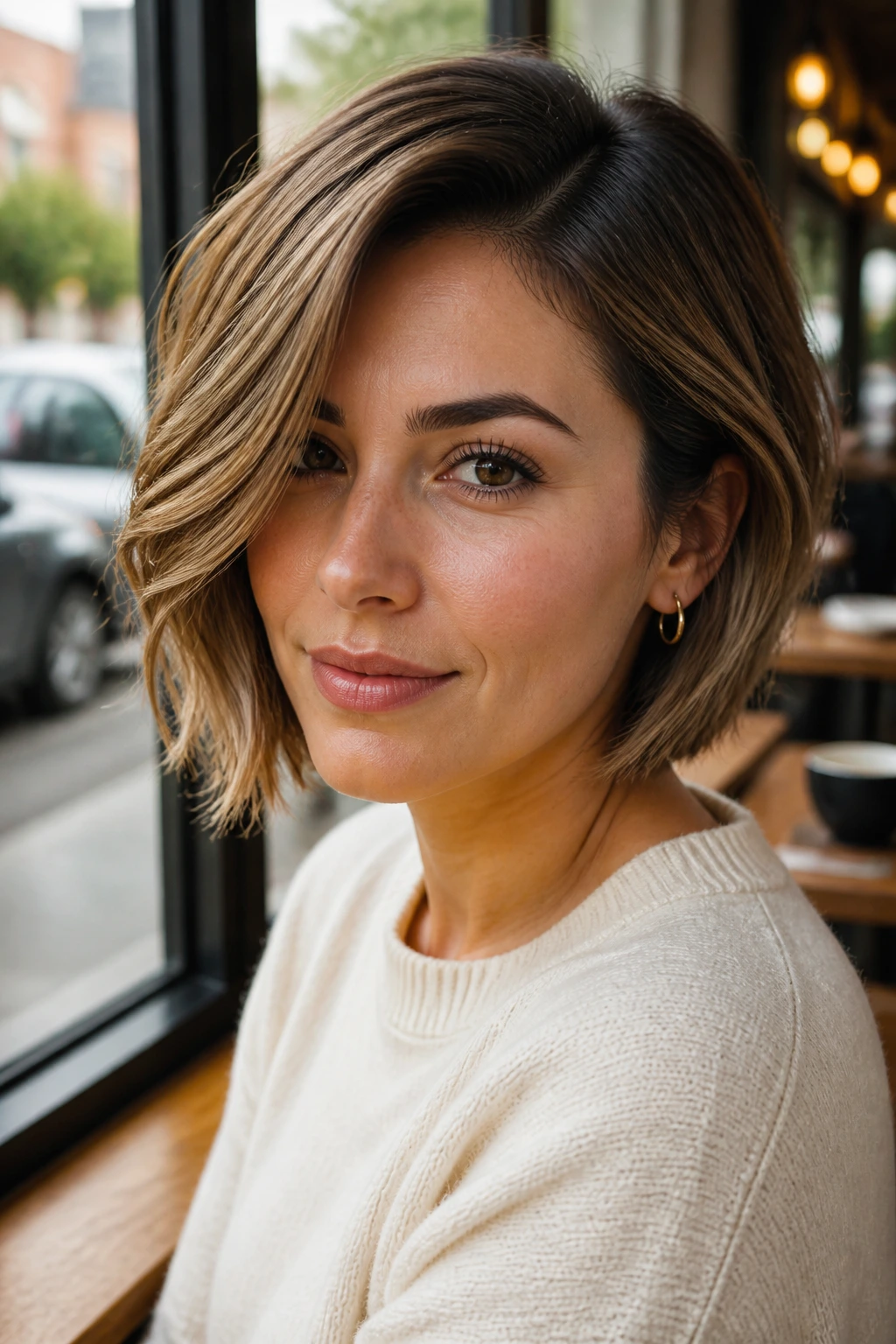 Portrait of a real woman with a side-parted bob and natural lift