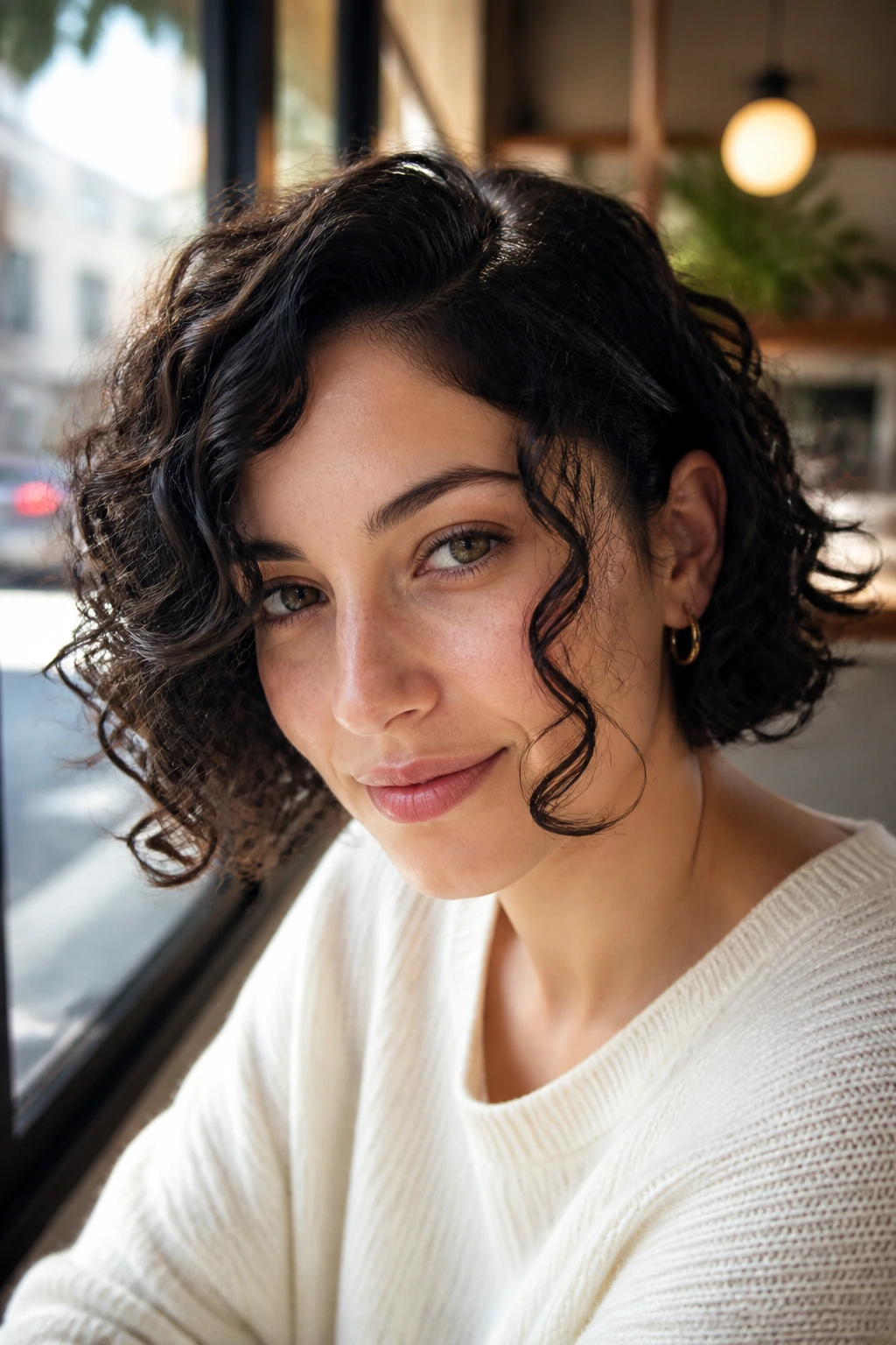 Close-up of a real woman with a side-parted curly bob and long front pieces framing the face.